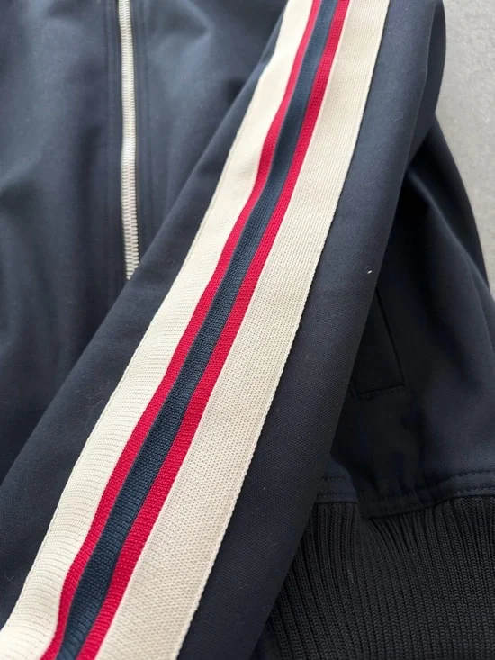 Sandro Navy Bomber Jacket with Red and Cream Striped Sleeves - Picture 4 of 8